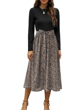 Zattcas Women's Black Brown 1 Round Neck Ribbed Long Sleeve Pull on Midi Dresses